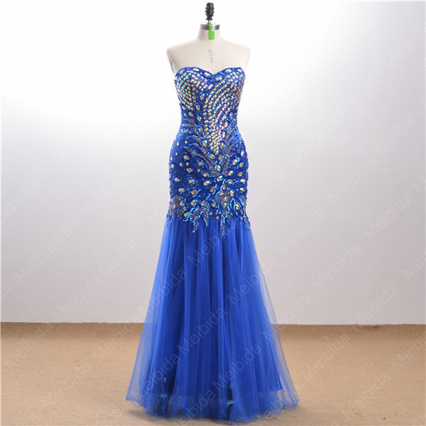2020 Popular New Exquisite Blue Hand-sewn Beaded Evening Dress Toasting Dress Bridal Host Mesh