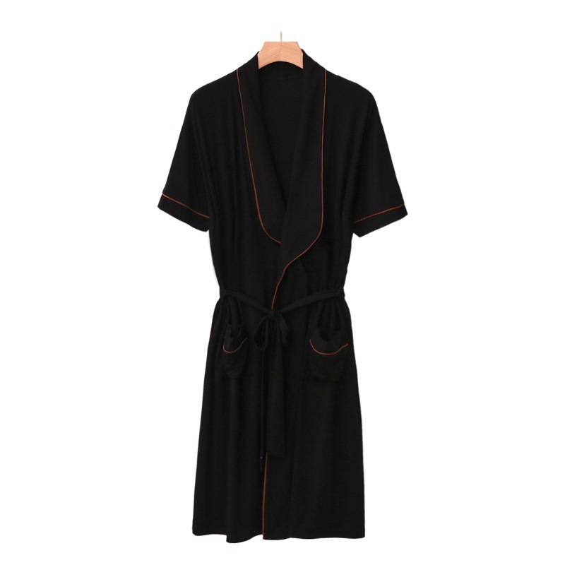Bit Cotton Men's Encrypted Large Size Home Clothes Korean Style Short-Sleeved Lapel Mid-Length Belted Draped Pajamas Bathrobe