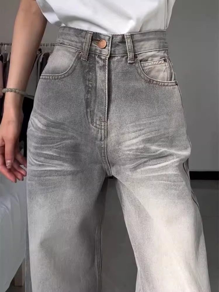 Grey American Style Retro Wide Leg Jeans Women's 2024 Spring and Autumn New Corrugated Dipped Loose Straight Pants