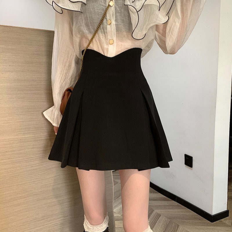 Black plus size High Waist Skirt Design Sense Niche A- line Covering chubby girl Pleated Skirt Women's Spring and Summer Short Skirt