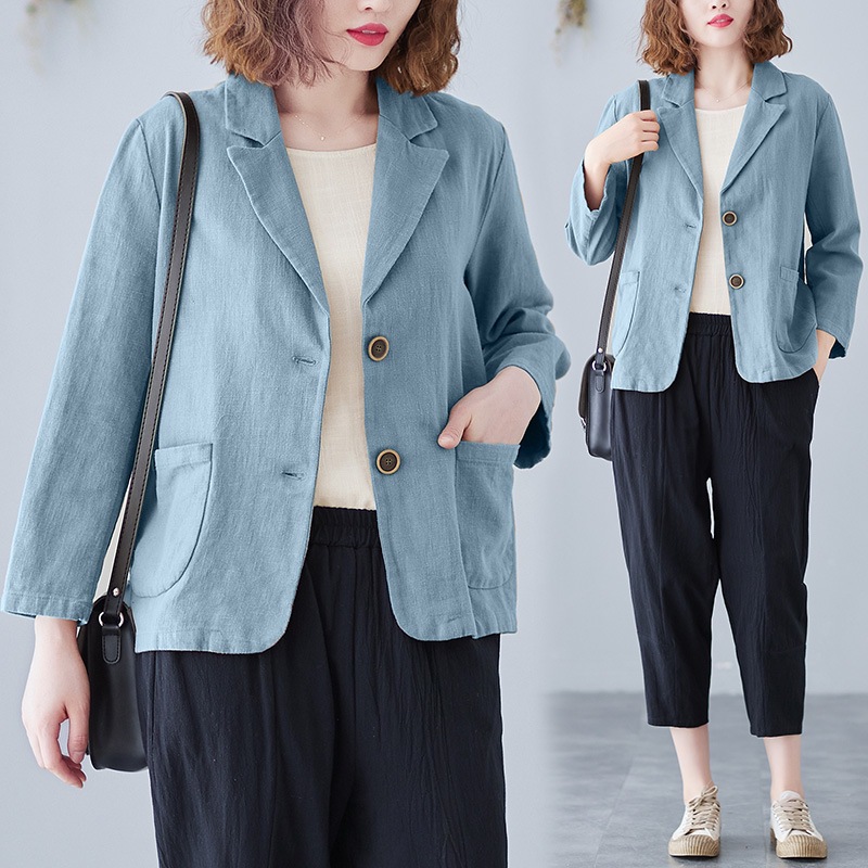 2025 Real Shot of New Cotton and Linen Retro Literary Loose Versatile Casual Long-Sleeved Button-Down Small Suit Short Jacket for Women
