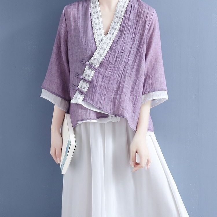Picture of Cotton and Linen Retro Shirt Women's Seven-point Sleeve Summer New Arrival Loose Artistic Retro Design Color Contrast T-shirt V-neck Top