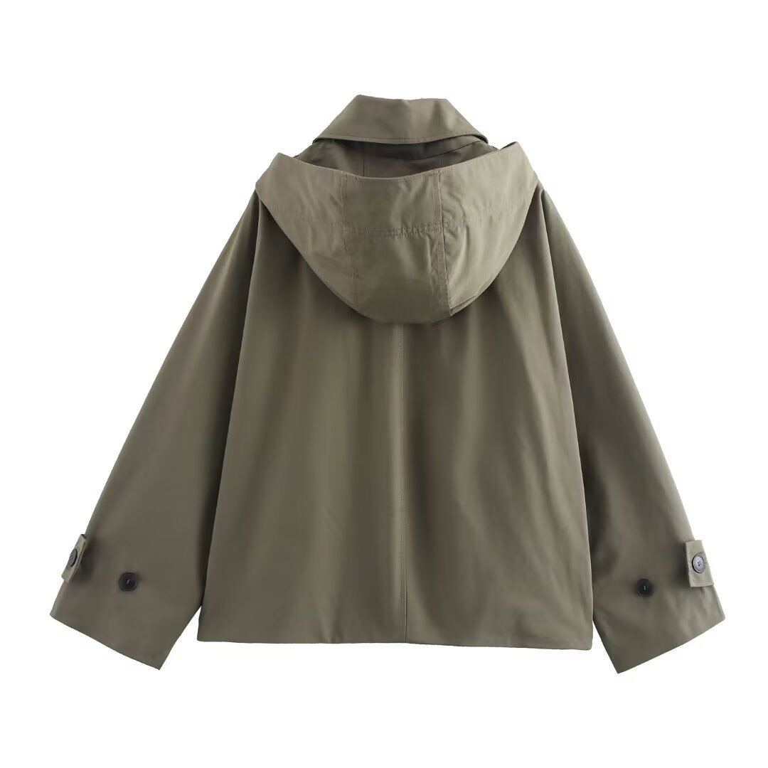Picture of Amazon Wholesale Autumn European and American Clothing Versatile Solid Color Lapel Single-Breasted Long-Sleeved Pocket Hooded Windbreaker Jacket
