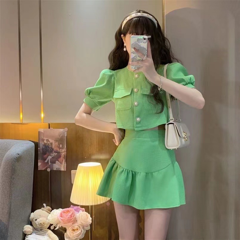 Temperament socialite Xiaoxiang style bubble sleeve bow shirt top high waist pleated skirt two-piece suit women's summer