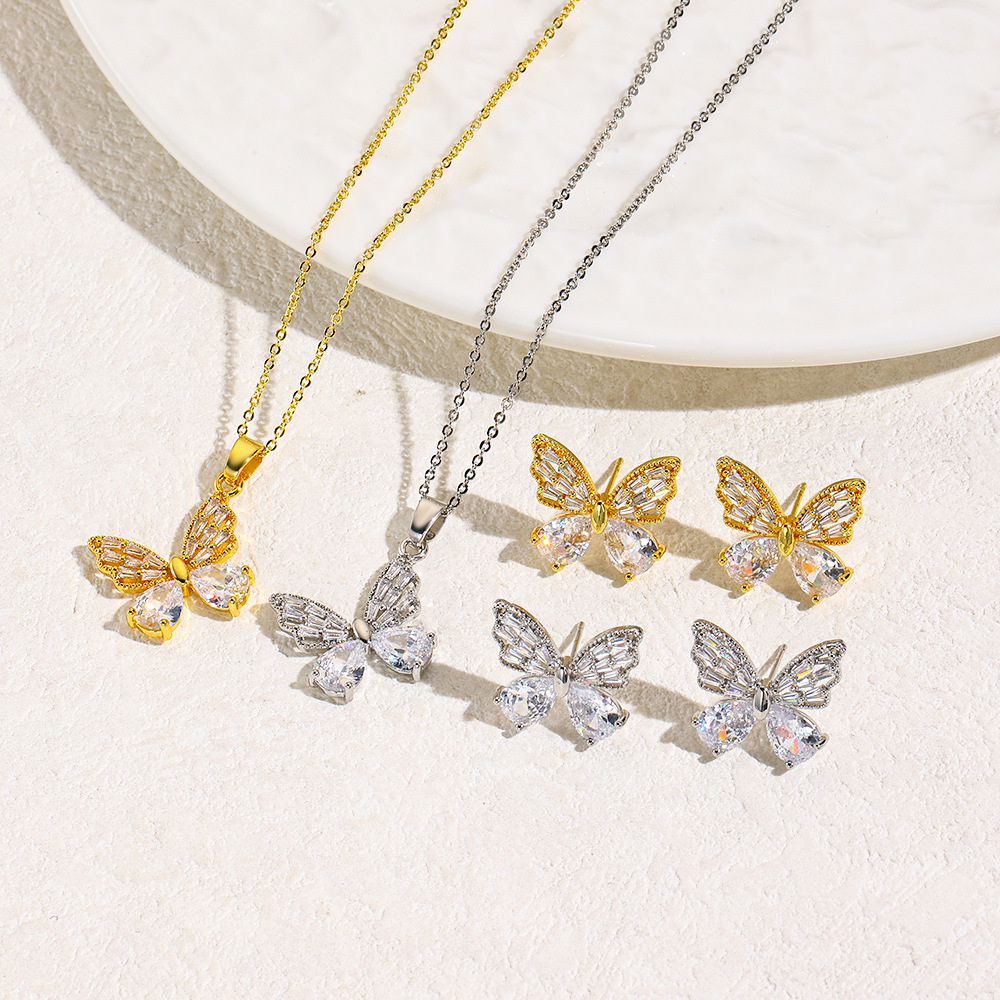 European and American Light Luxury Animal Butterfly Earrings O-word Necklace Pendant Three-piece Decorations Copper Simple All-match Combination