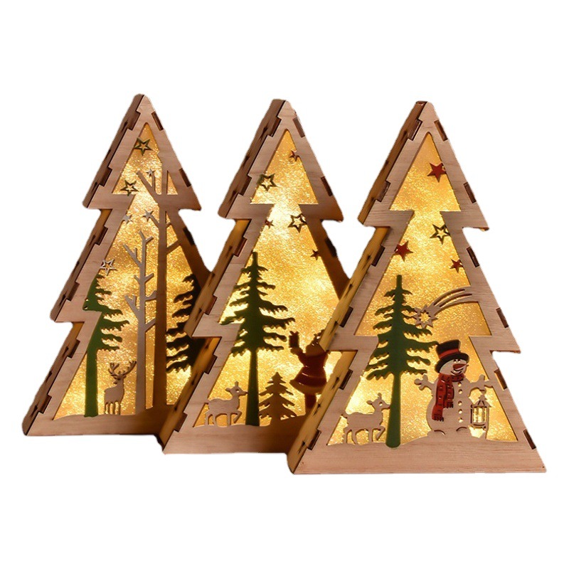 Cross-border Wholesale Christmas Gifts Wooden Luminous Ornaments with Lights Christmas Tree Decorations Pendant Night Light Decoration
