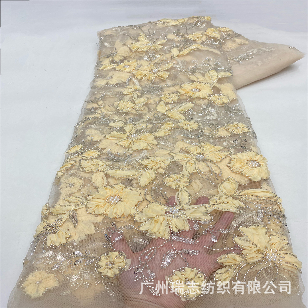 Ghana dress three-dimensional pan flower embroidered fabric heavy work cheongsam beaded tube wedding dress evening dress fashion fabric fabric