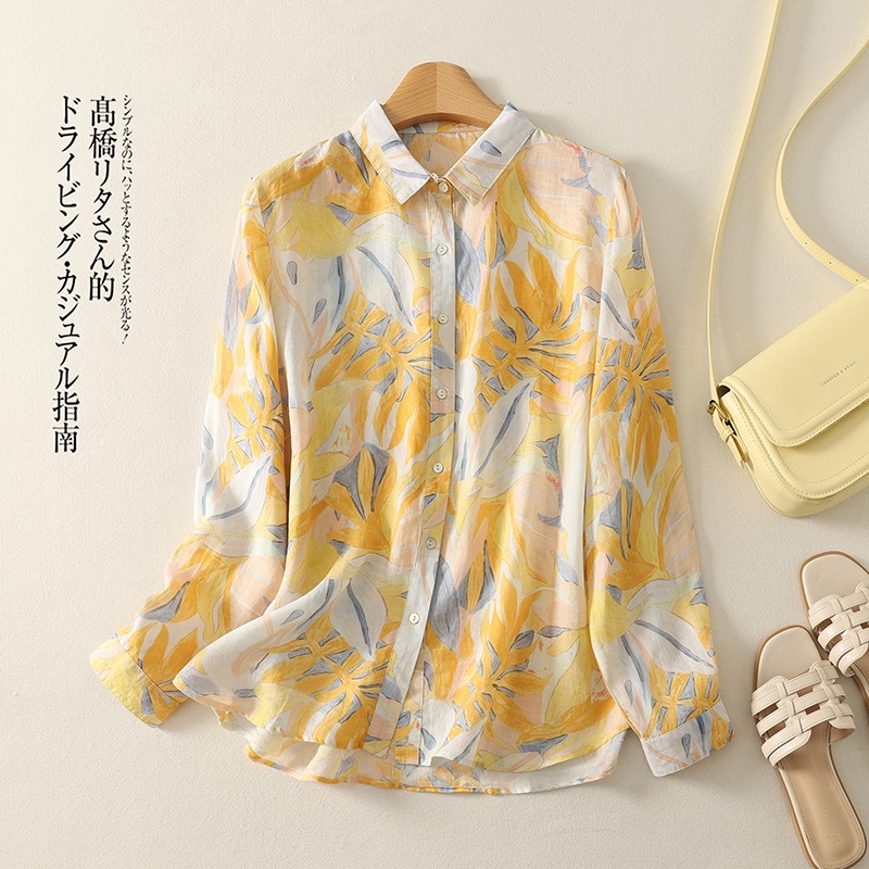 2025 Spring New Artistic Casual All-match Printed Shirt Women's Loose plus size Comfortable Cotton Linen Shirt Long-sleeved Trendy