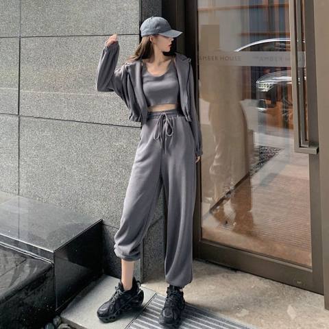 Fashion sportswear casual suit Spring and Autumn New Korean style loose slimming vest jacket three-piece set