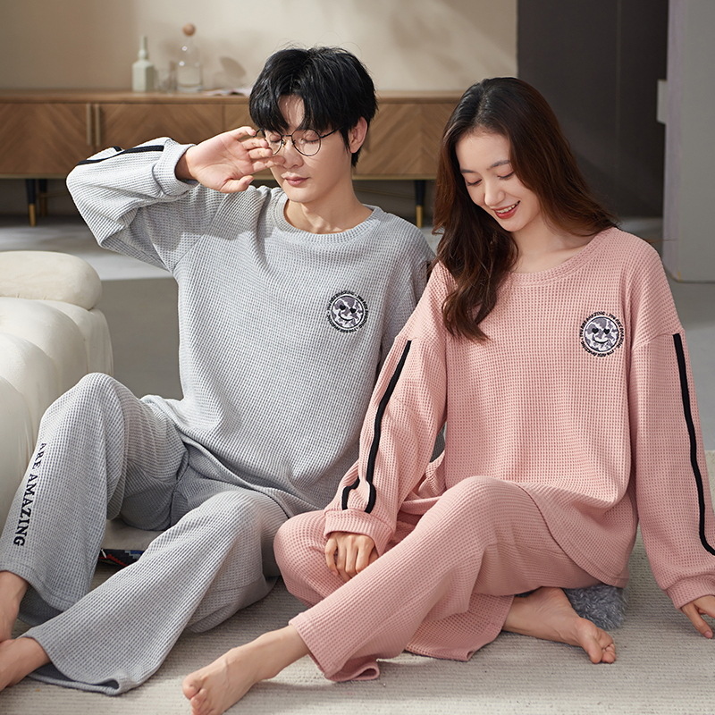 Spring New Pure Cotton Long-Sleeved Couple Pajamas for Women Cute Cartoon Men Loose Large Size Outer Wear Home Clothes Set