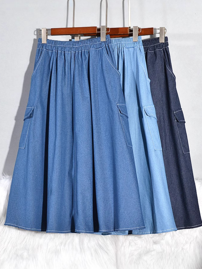A- Line Skirt 2025 New Denim Skirt with Pocket Small Workwear Skirt with Good Draped Sense Mid-Length Skirt for Summer