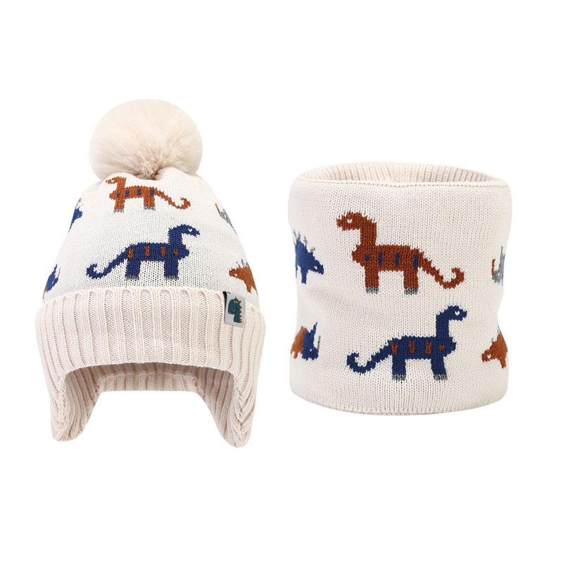 Picture of Cross-border Winter Children's Jacquard dinosaur fleece-lined knitted hat scarf suit boys' ear protection wool hat two-piece set