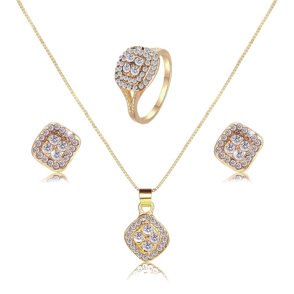 Foreign trade jewelry suit women's fashion three-piece set creative temperament personality inlaid rhinestone necklace earrings ring wholesale