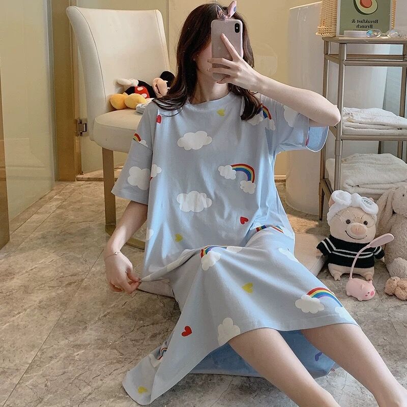 Picture of Pajamas for Women, Summer Korean Style, Women's Summer Nightgown, Short-Sleeved Women's Summer Home Wear Set, Student Plus Size Milk Silk
