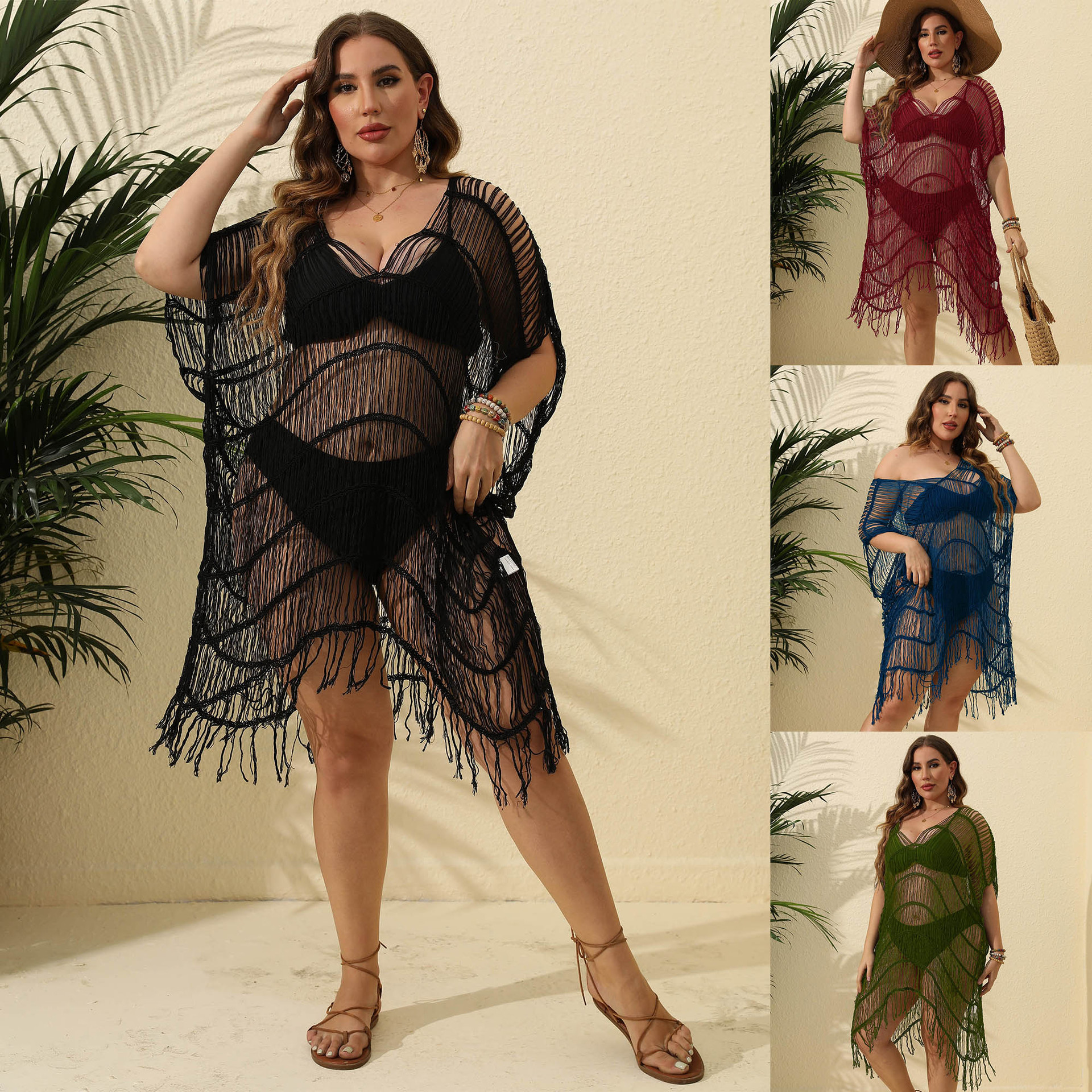 Seaside Holiday Beach Dress Cross-border European and American Large Size Women's Sexy Perspective Tassel Stitching Bikini Blouse