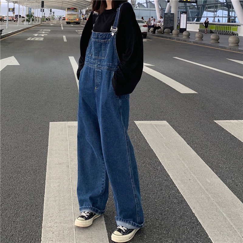 Japanese Style Versatile Denim Overalls for Women 2024 Spring & Fall New Design Retro Loose Suspenders Wide Leg Long Pants