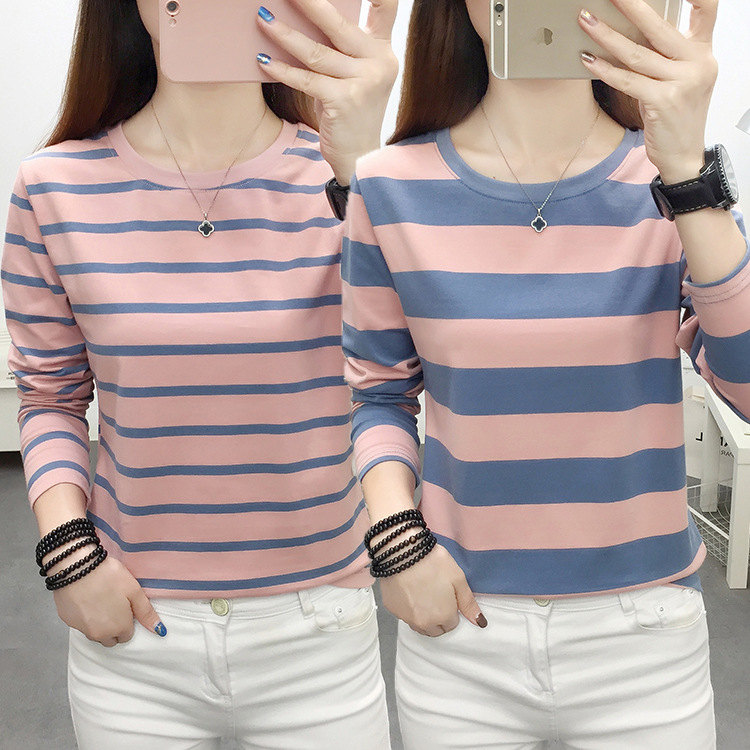 Long-Sleeved T-Shirt Women's Loose Large Size Autumn Bottoming Shirt Middle-Aged Mother's Belly-Covering Stripesd Top Slimming Look Splicing
