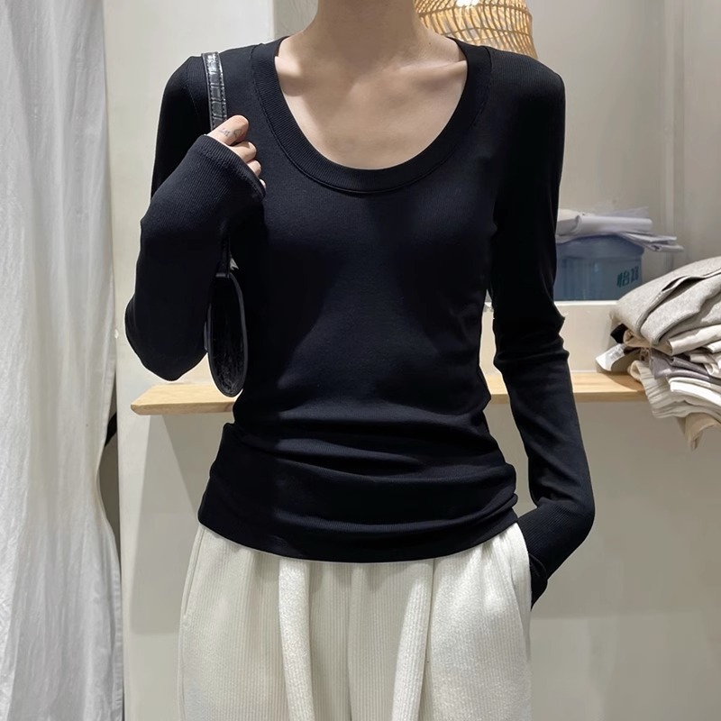 Black Bottoming Shirt Women's Long-Sleeved 2025 Early Autumn New Large Round Neck Casual T-Shirt High-Bottom Threaded Top Inner Wear