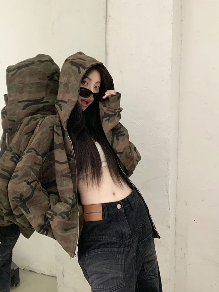 American Style Retro Camouflage Hooded Sweatshirt Women's Autumn 2024 New Casual All-match Loose Slimming Zipper Jacket