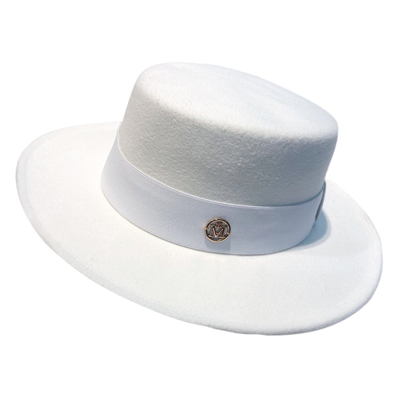 Autumn and Winter New Style French Casual Letter Woolen Flat Top Hat British Retro Black Webbing Flat Brim Top Hat