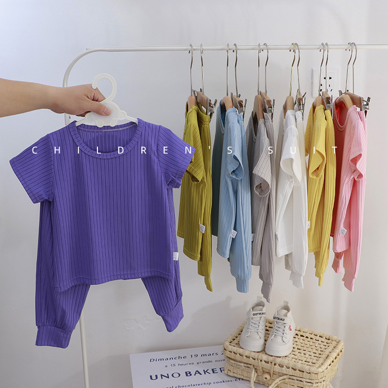 Picture of Children's Home Wear Set Korean Style Casual Unisex Solid Color 2024 Summer New Pajamas Children's Clothing Wholesale Short Sleeve