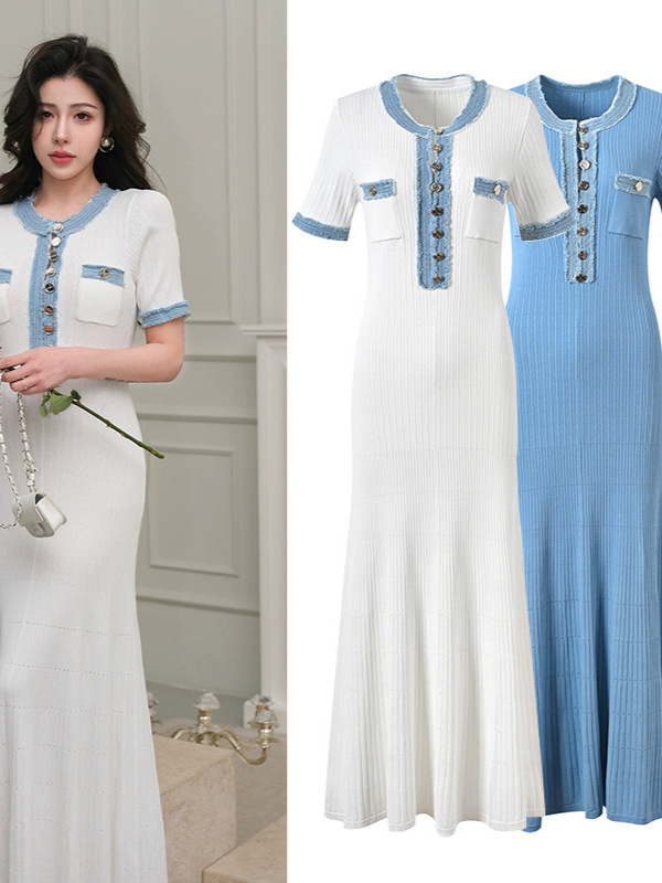 Cross-border European and American style summer women's new fashion round neck Denim single-breasted stitching knitted short-sleeved dress