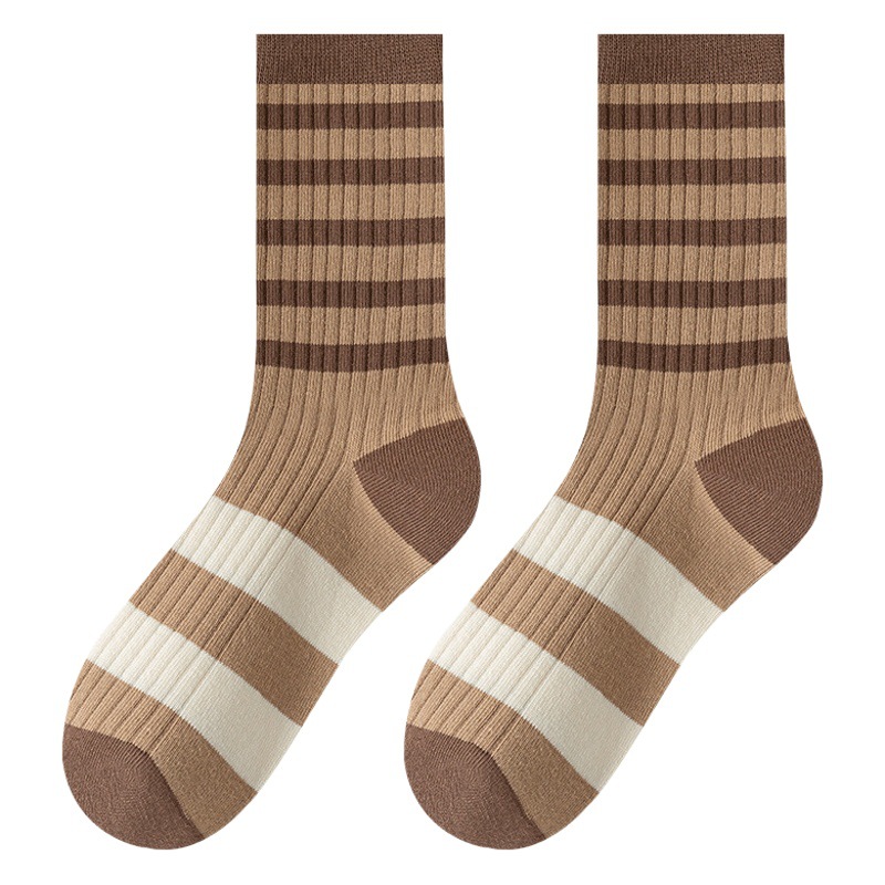 Maillard color women's socks striped letter mid-calf length socks Brown series pile socks Zhuji socks American stockings