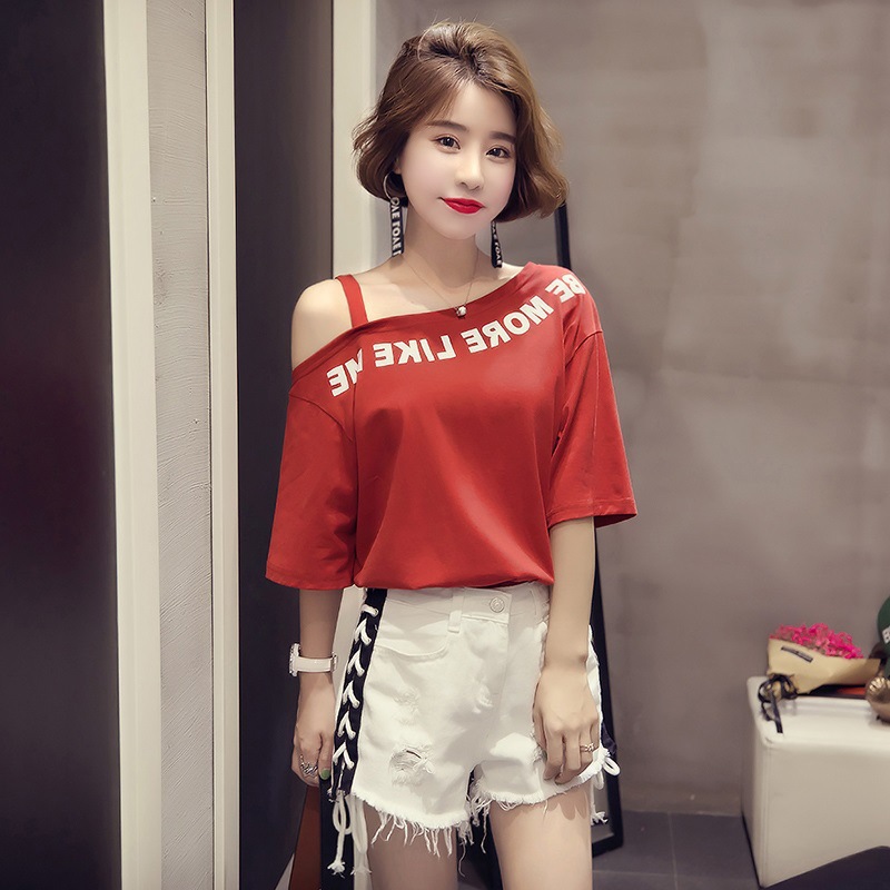 Women's 2021 New Short-sleeved T-shirt Leakage Shoulder ins Oblique Collar Sling Sexy Watch Machine Half-sleeved Clothes