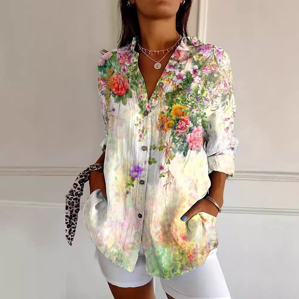 Patterned Summer Shirt Long-Sleeve D Shirt Floral Long Print Women's Shirt Trendy New European and American Style Women