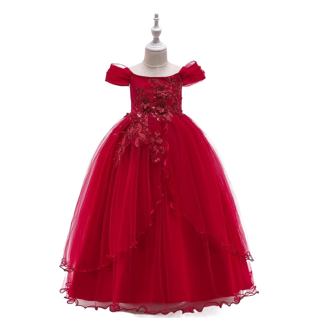 Girls' Party dress Children's Long Dress Strap off-shoulder Dress Long Princess Dress Performance Dress Flower Children's Dress
