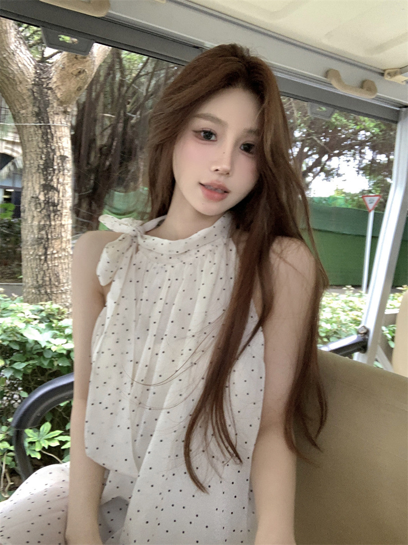 Poll Dot Lace-up Neck Top for Pregnant Women Summer New French Style Gentle Style Sleeveless Shirt Design Chiffon Shirt
