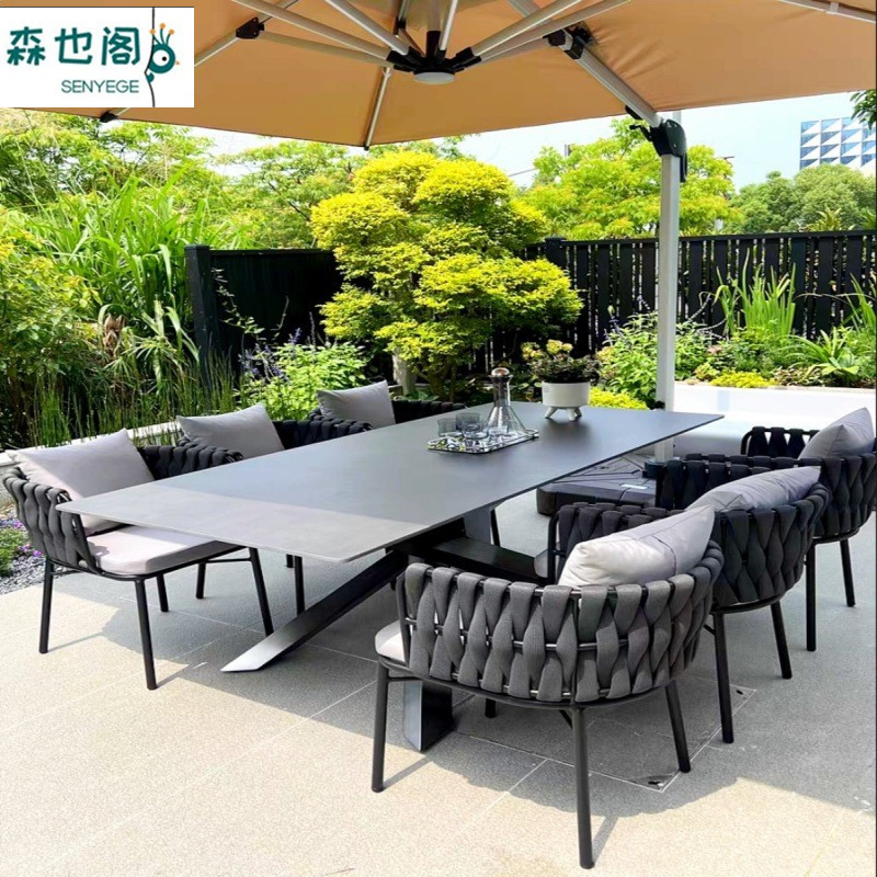 Outdoor Table and Chair Courtyard Villa High-end Outdoor Leisure Rattan Chair Garden Balcony Rock Board Dining Table Terrace Rattan Furniture