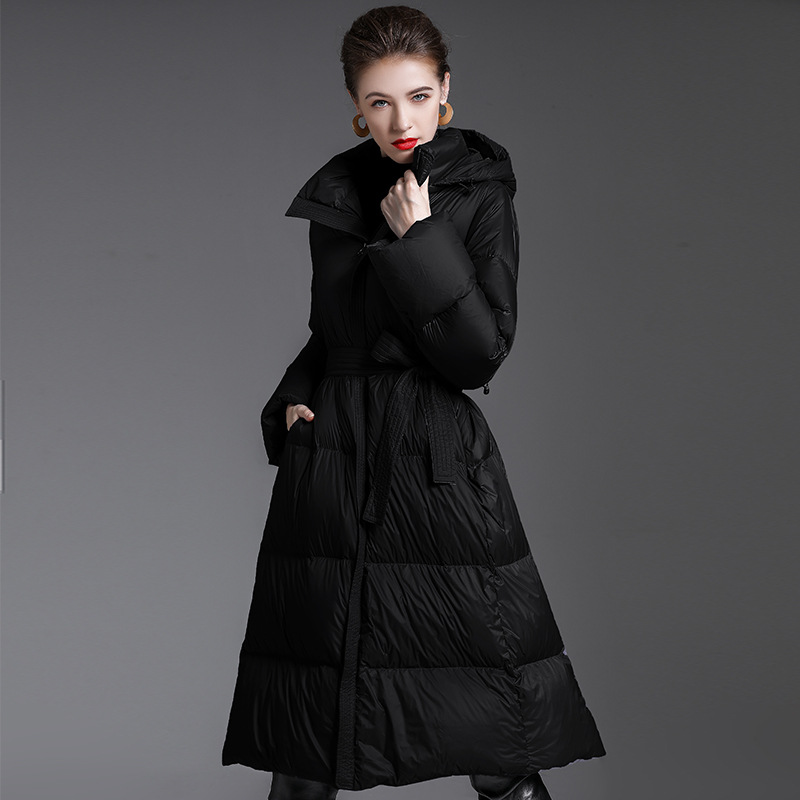 Picture of Hooded White Duck down down Jacket for Women 2025 Mid-Length Fashionable Classy Loose Thickeneded Lace-Up down Jacket