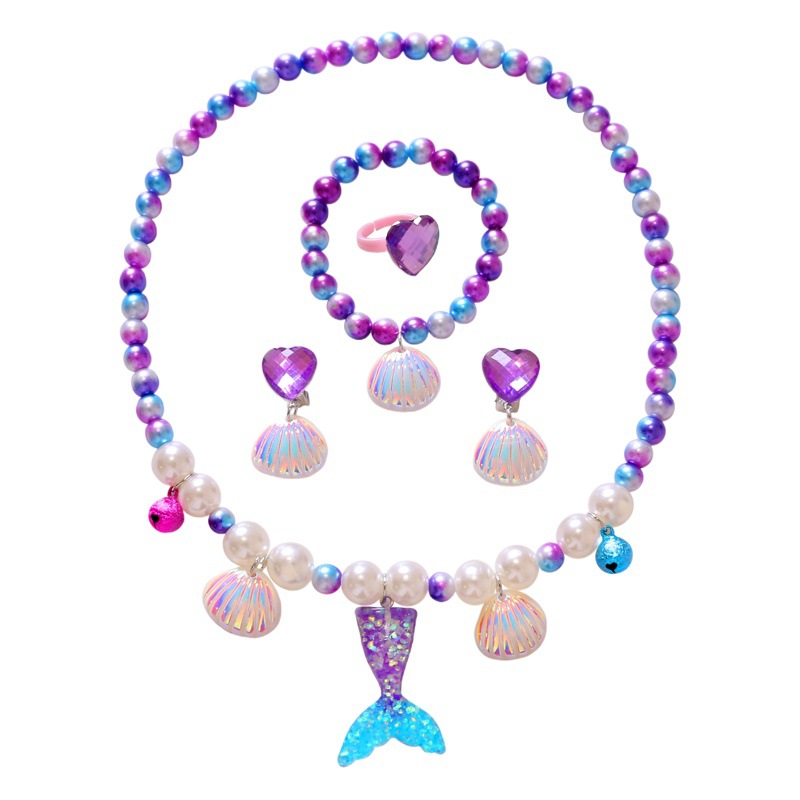 Children's Necklace Mermaid Tail Girls Pearl Necklace Bracelet Ring Earrings Set Girls Baby Accessories