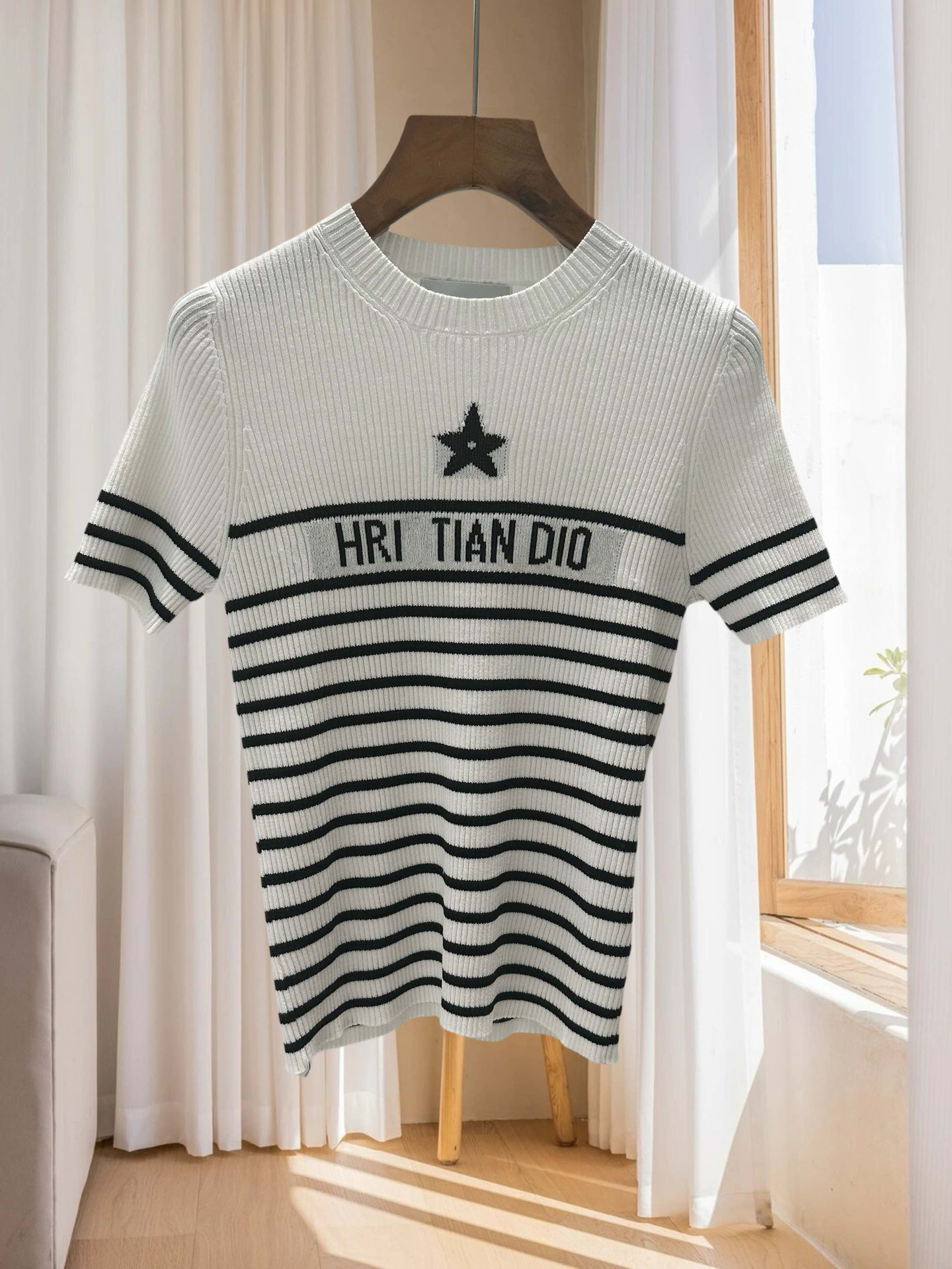 Picture of D home high quality 2024 spring new striped letter short sleeve sweater round neck star slim slim top women