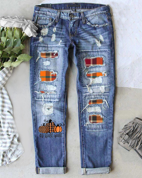 Europe and the United States 2022 new Amazon independent station wish cross-border street printing hole straight tube Denim pants women