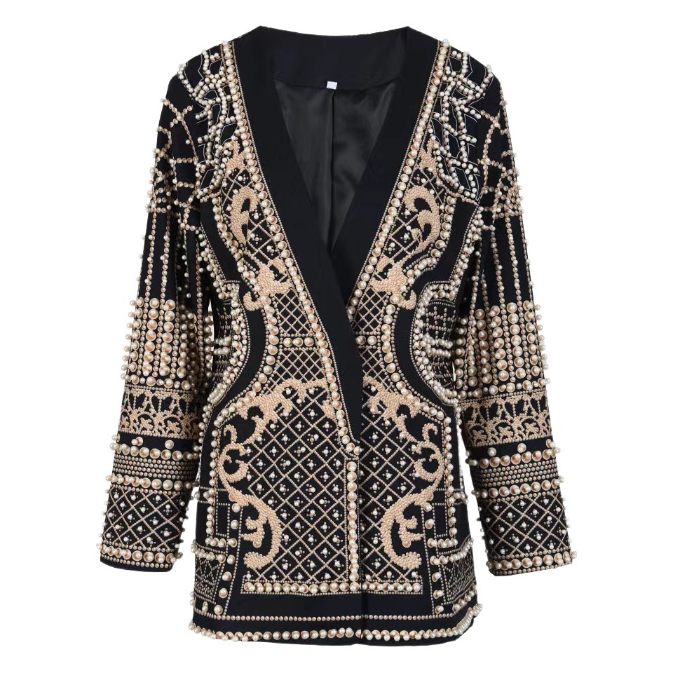 2023 French Retro European and American V-neck Long Sleeve Thickened Mid-length Suit Top Bubble Bead Printed Bead Jacket for Women