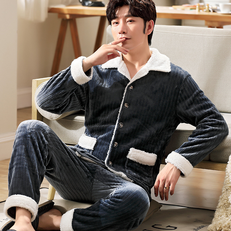 Autumn and winter new men's pajamas coral fleece pajamas men's fleece warm flannel home clothing source factory goods