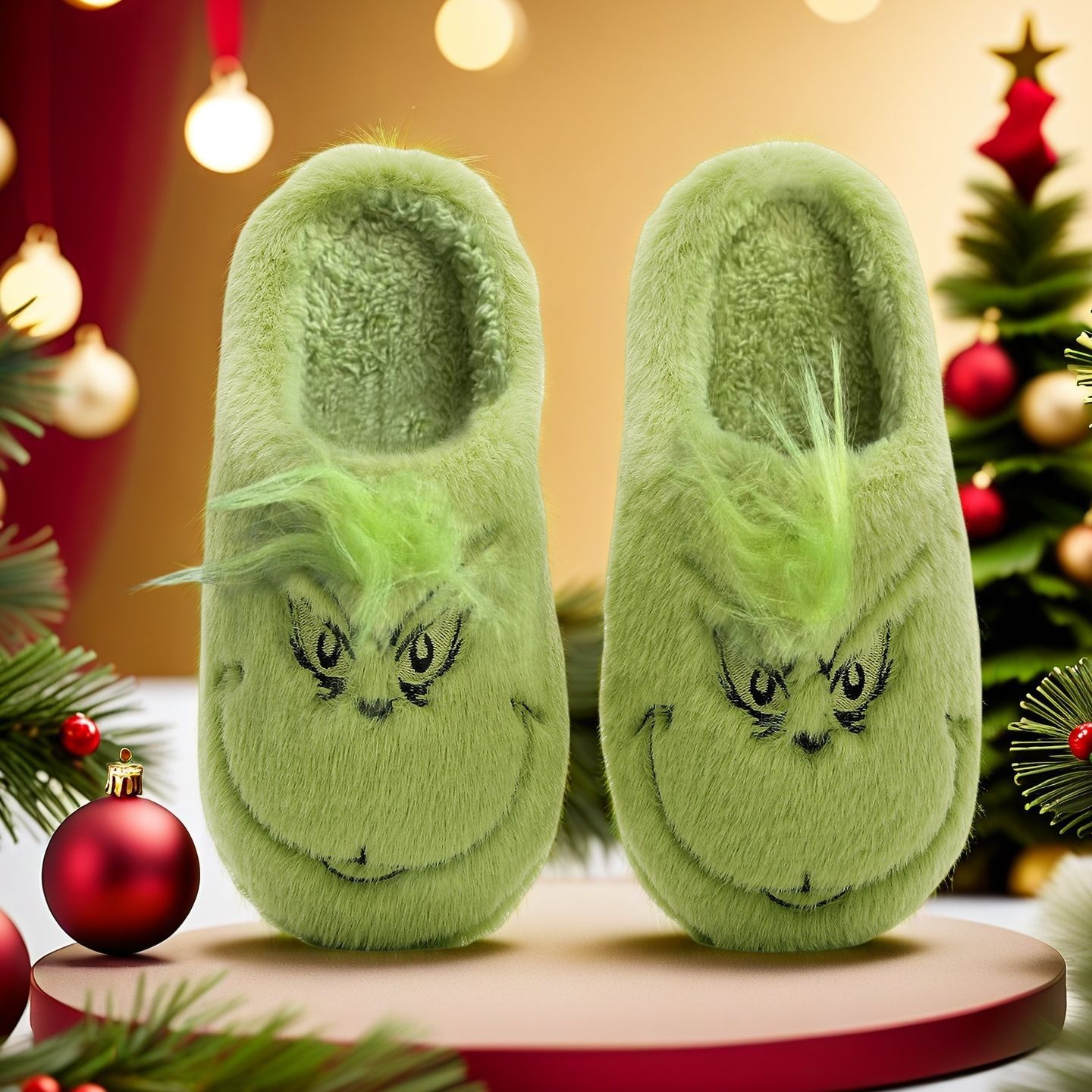 New Cute Home Christmas Grinch Warm Winter Cotton Slippers for Couples Men and Women Thick-Soled Soft-Soled Shoes Thick Non-Slip
