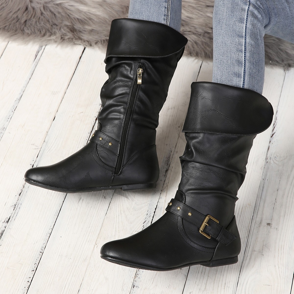 European and American plus size Cross-border Retro 2024 Autumn and Winter Women's Fashion Boots Sleeve Belt Buckle Women's Long Boots Cross-border Round Head Women's Boots