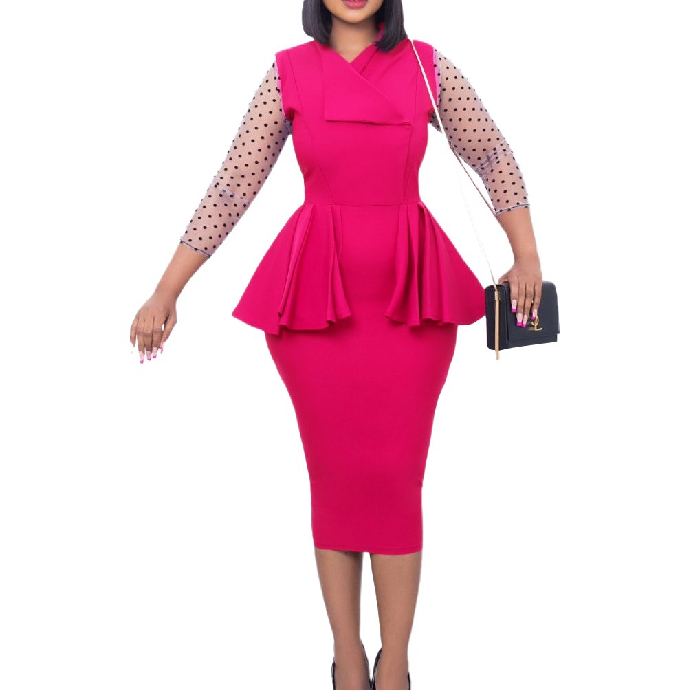 D283 Cross-Border Supply 2024 New Elegant Commuter Mesh Splicing V Neck Ruffled Pencil Skirt European and American Dress
