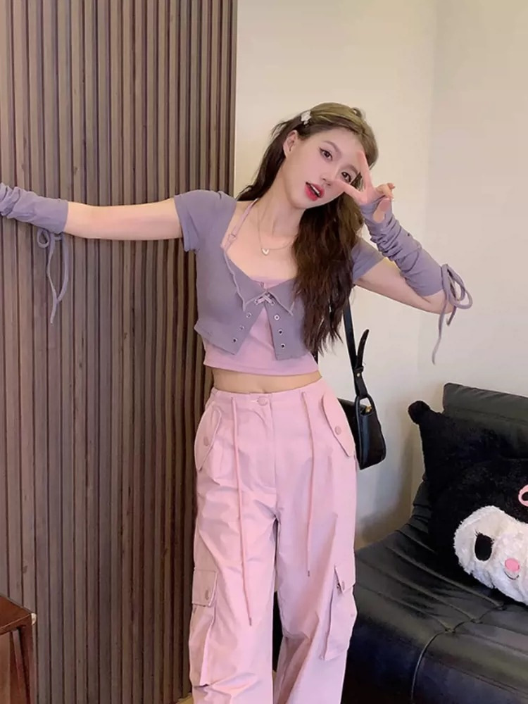 Pure sweet cool sling short-sleeved cardigan two-piece summer fashion casual fresh sweet wear matching hot girl female cross-border
