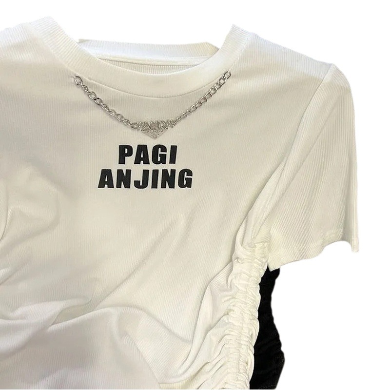 European Style Design Crewneck Necklace Letter Printing Drawstring Short-sleeved Women's Summer New Arrival Fashionable All-match Western Style Top