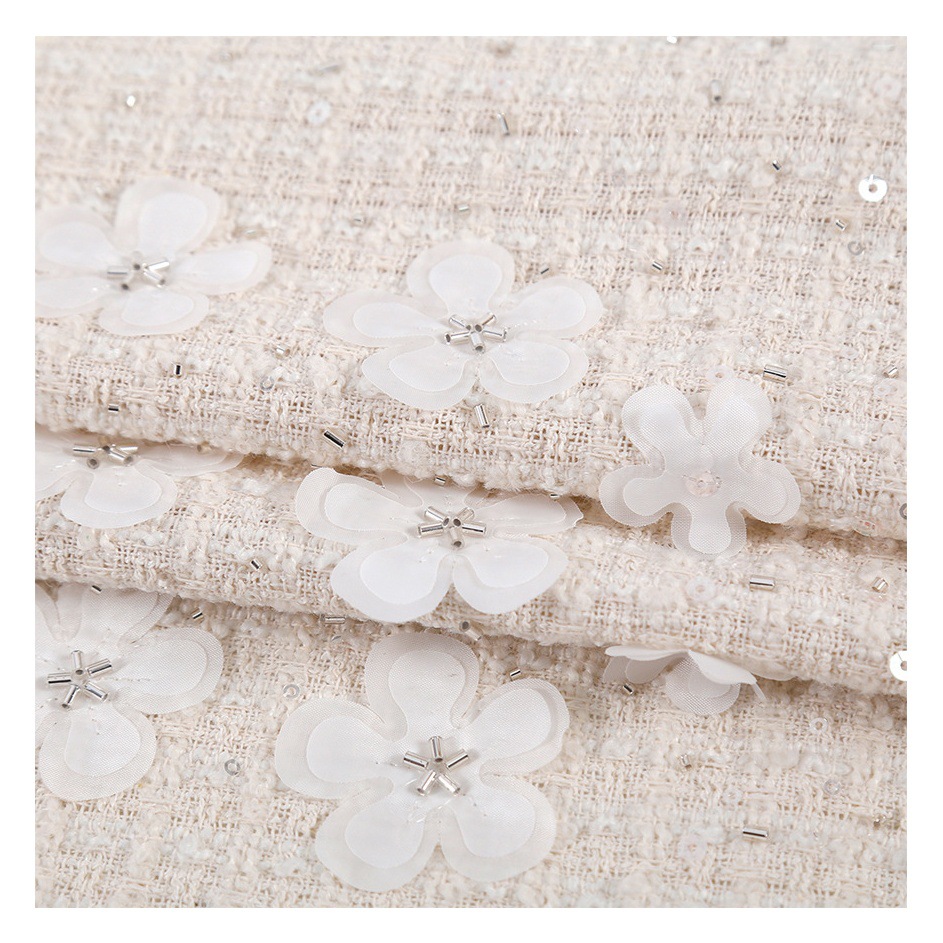 In stock Chanel style coarse woven three-dimensional small flower handmade beaded tube sequin embroidery fabric coat bag fabric batch