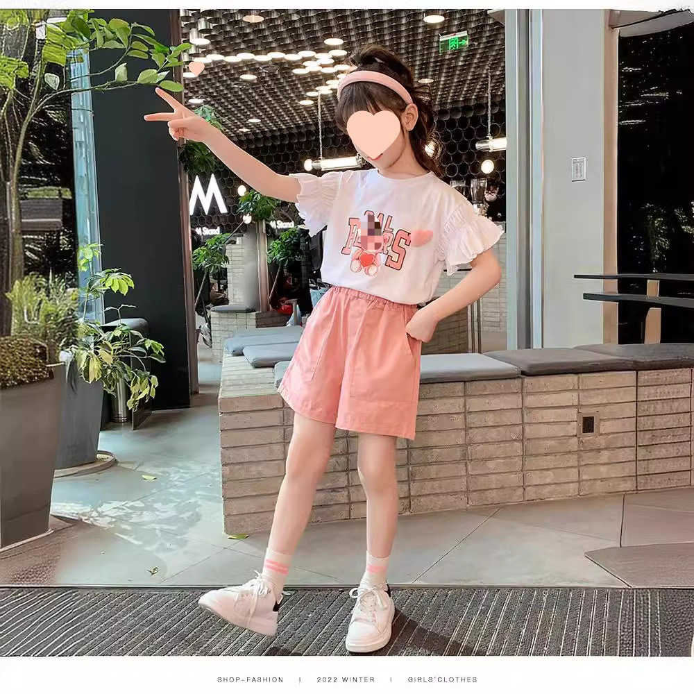 Picture of Girls' Korean-style 2024 Summer New Sports Suit Children's Western-style Cartoon Top Fashionable Shorts Two-piece Set