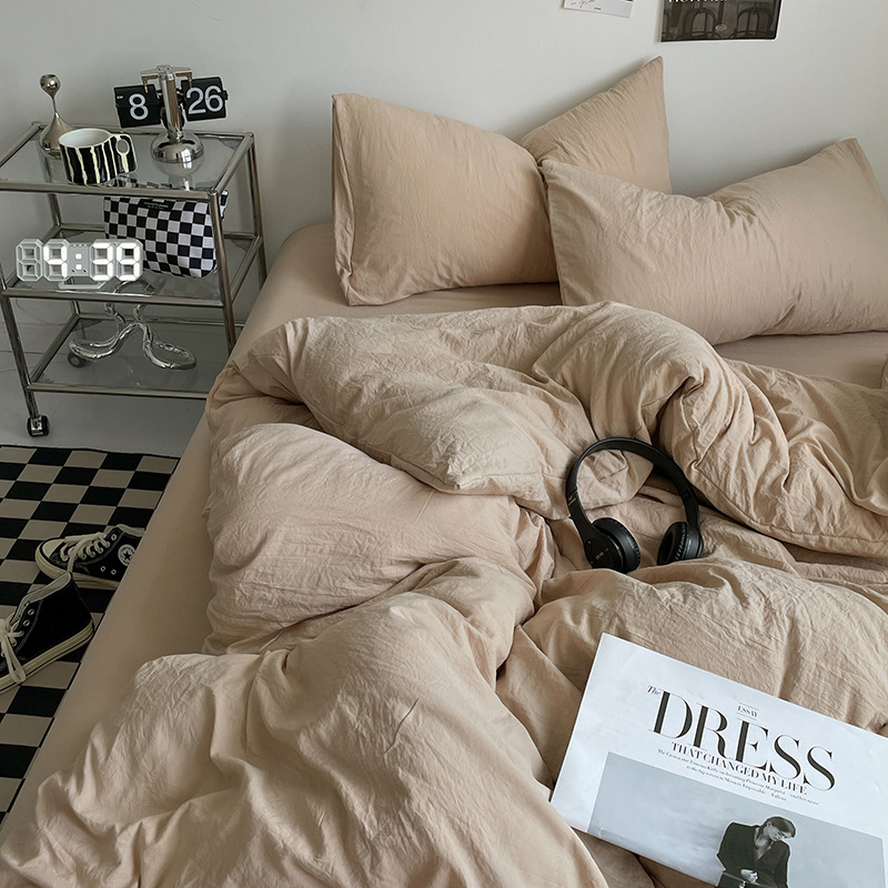 Ins Style Solid Color Washed Cotton Bed Four-piece Set Japanese Super Soft Bed Sheet Quilt Cover Bed Hat Student Dormitory Three-piece Set