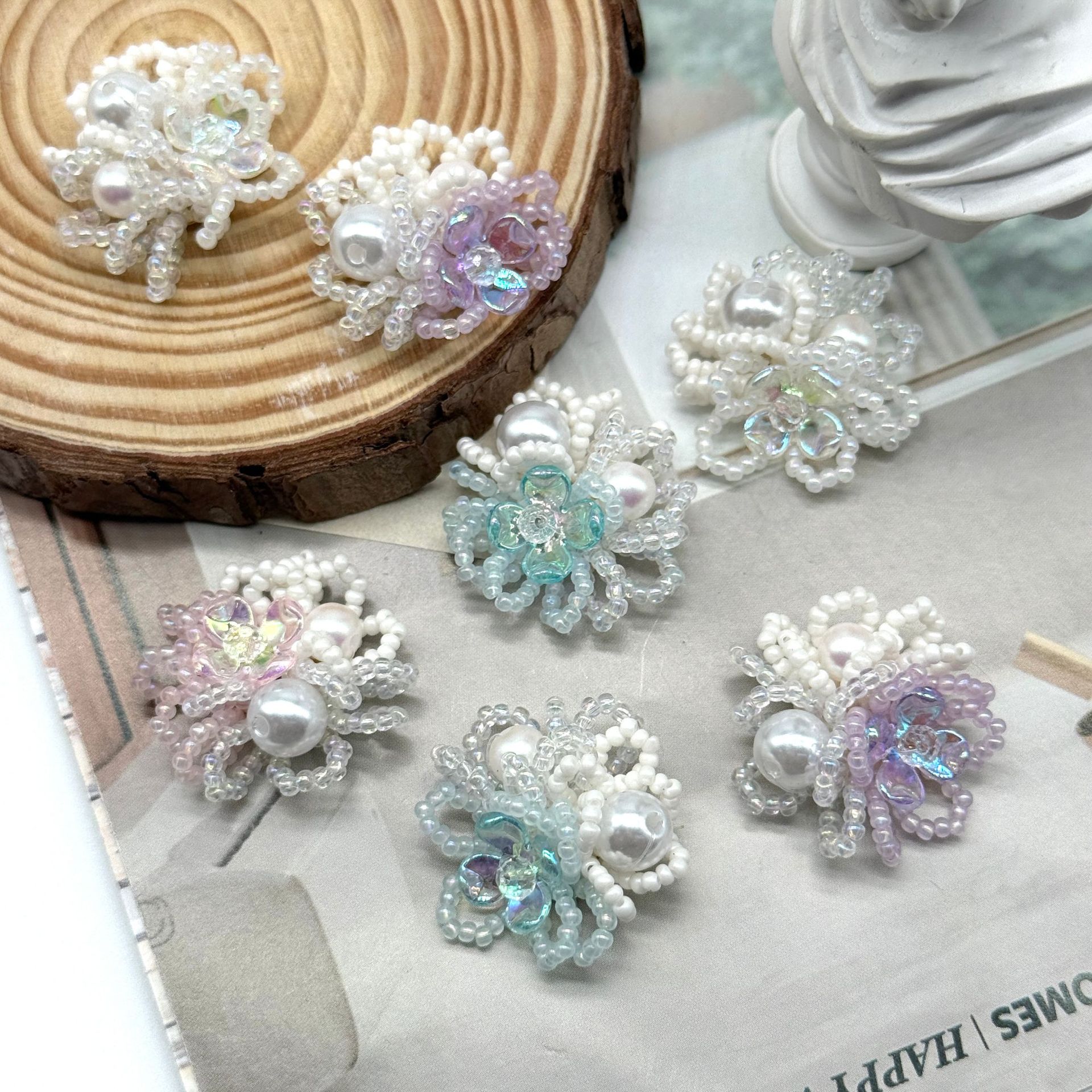 High-end atmosphere light luxury gentle pearl rhinestone flower handmade woven headdress hair ornament earring material wholesale