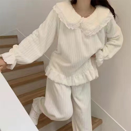 Coral fleece pajamas women's autumn and winter sweet student Korean style lace flannel home wear warm two-piece suit