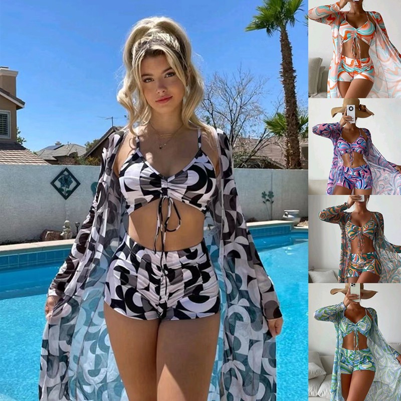 2025 New Foreign Trade Bikini Three-Piece Digital Printed Outer Pants Amazon AliExpress Swimsuit Women