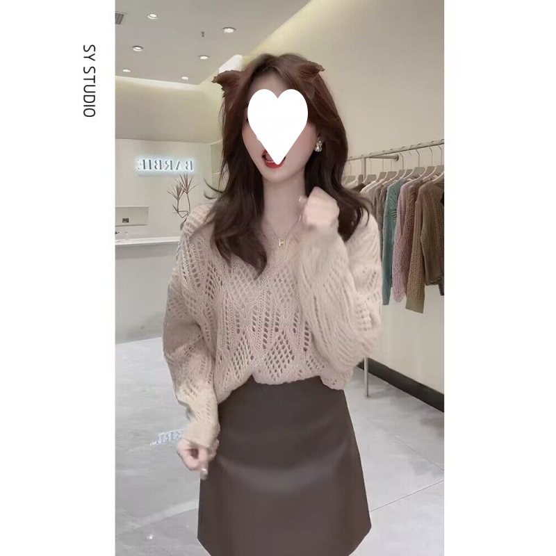 Autumn wear a set of fashion design sense hollow-out sweater women's high waist a-line pu leather skirt two-piece set